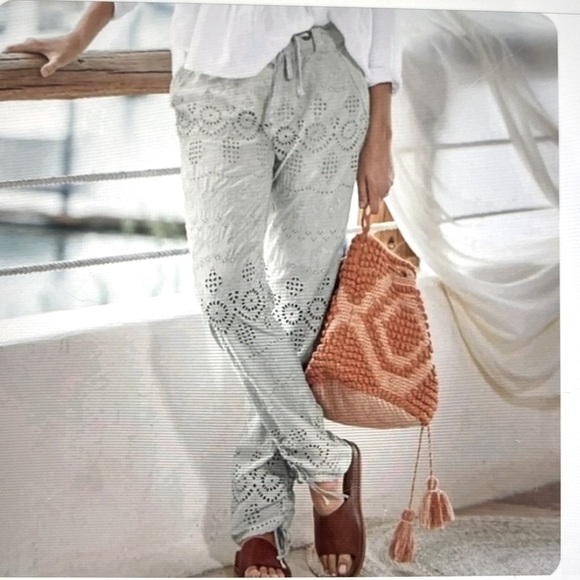 Sundance Everyday Eyelet Pants Womens 16 Jogger pant beige drawstrings Bohemian - Picture 1 of 15